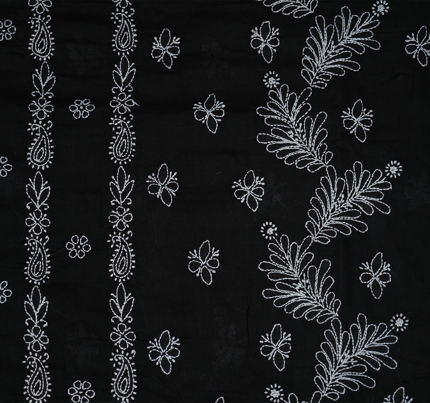 Black Cotton Unstitched Chikankari Suit with White Embroidery