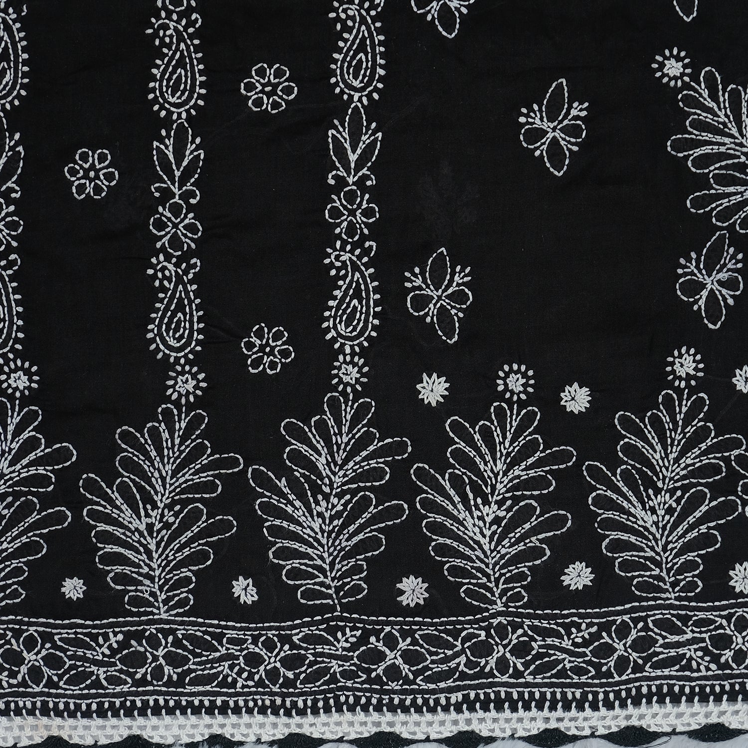 Black Cotton Unstitched Chikankari Suit with White Embroidery