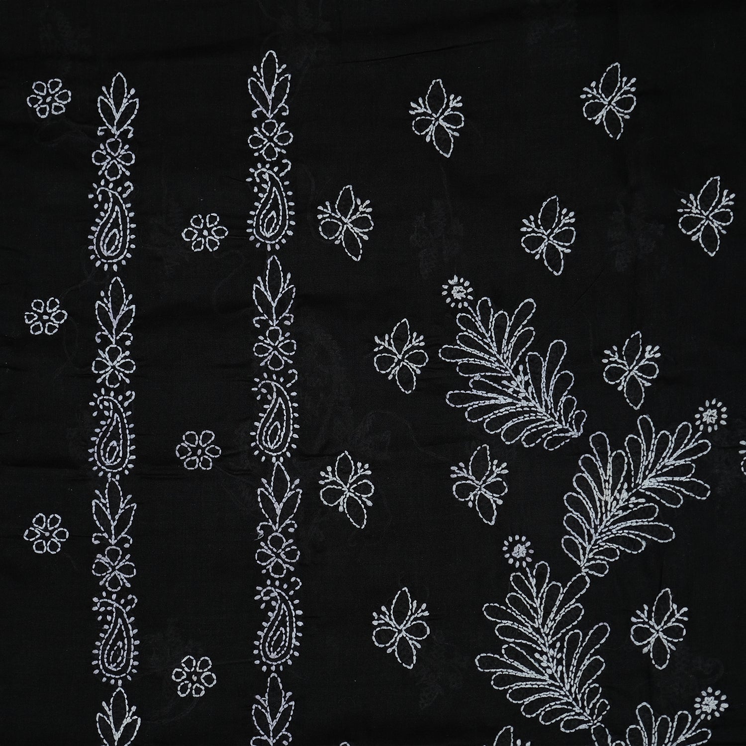 Black Cotton Unstitched Chikankari Suit with White Embroidery