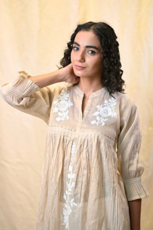 Beige Tissue Chikankari Short Top – Hand Embroidered Lucknowi Elegance