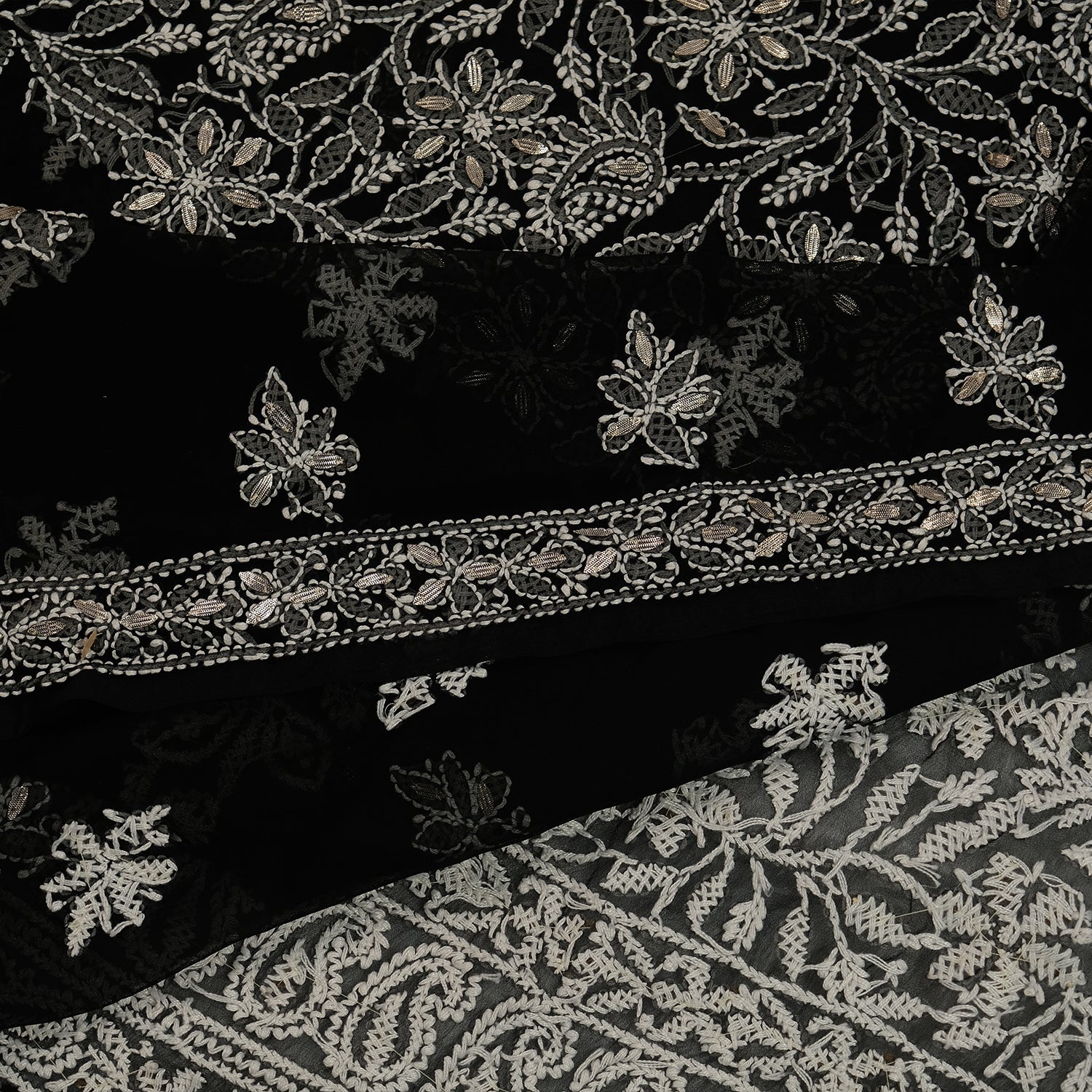 Black Cotton Unstitched Chikankari Suit with White Embroidery