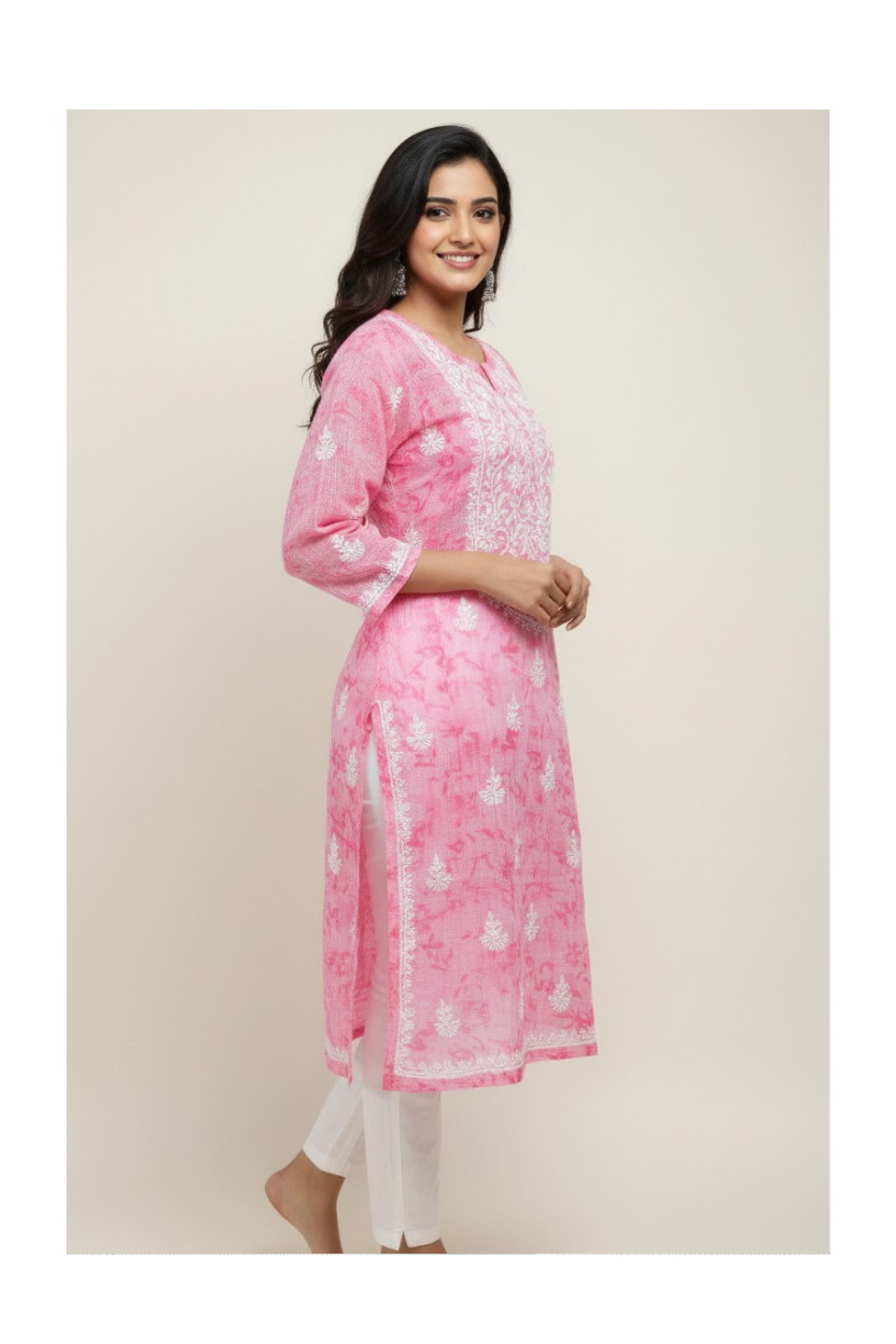 Pink Kota Silk Hand-Embroidered Chikankari Kurti