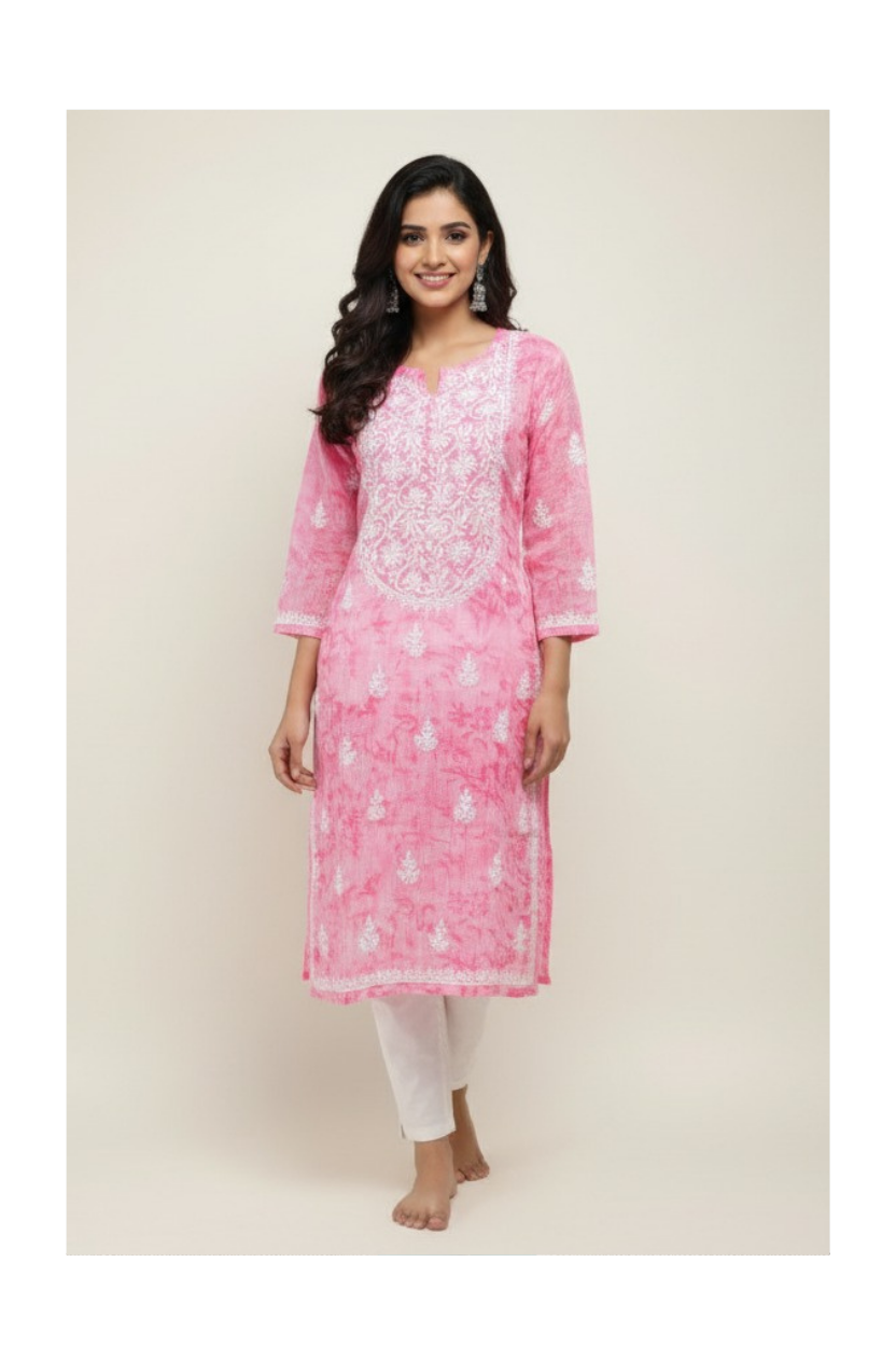 Pink Kota Silk Hand-Embroidered Chikankari Kurti