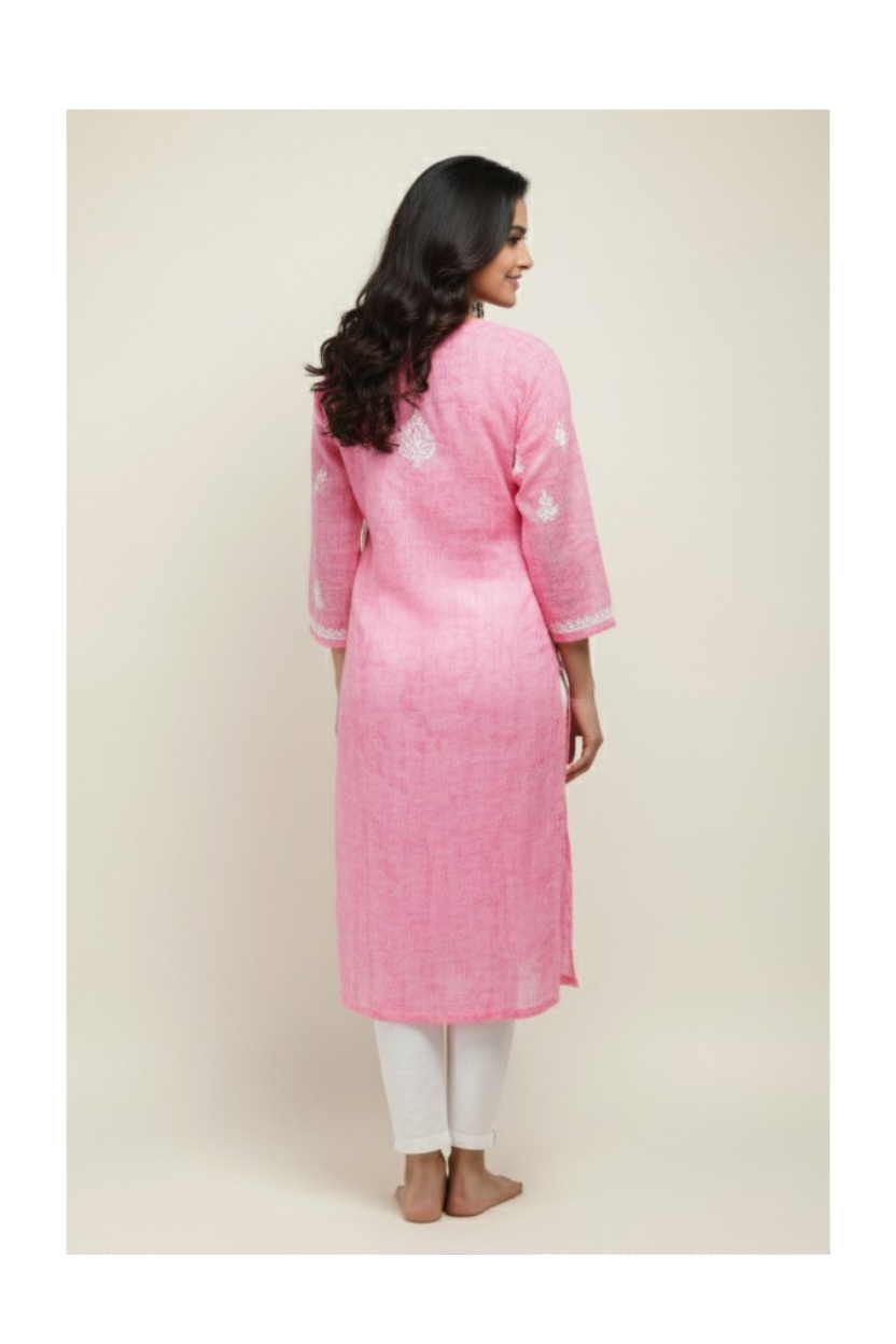 Pink Kota Silk Hand-Embroidered Chikankari Kurti