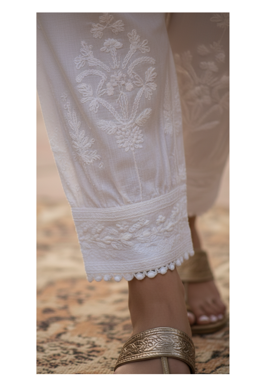 White Cotton Afghani Pant with Lucknowi Chikankari Embroidery