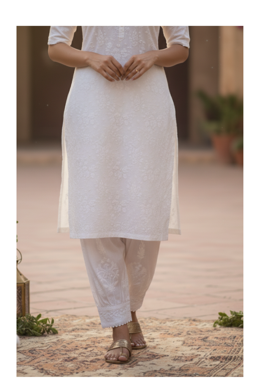 White Cotton Afghani Pant with Lucknowi Chikankari Embroidery