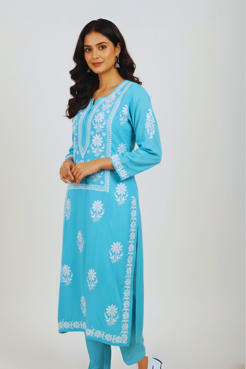 Sky Blue Modal Long Chikankari Kurti with White Hand Embroidery