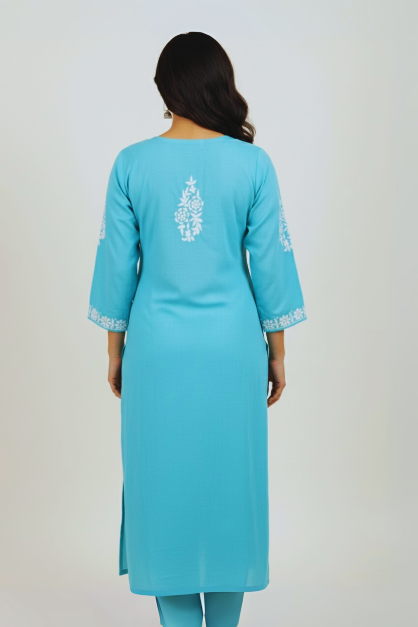 Sky Blue Modal Long Chikankari Kurti with White Hand Embroidery