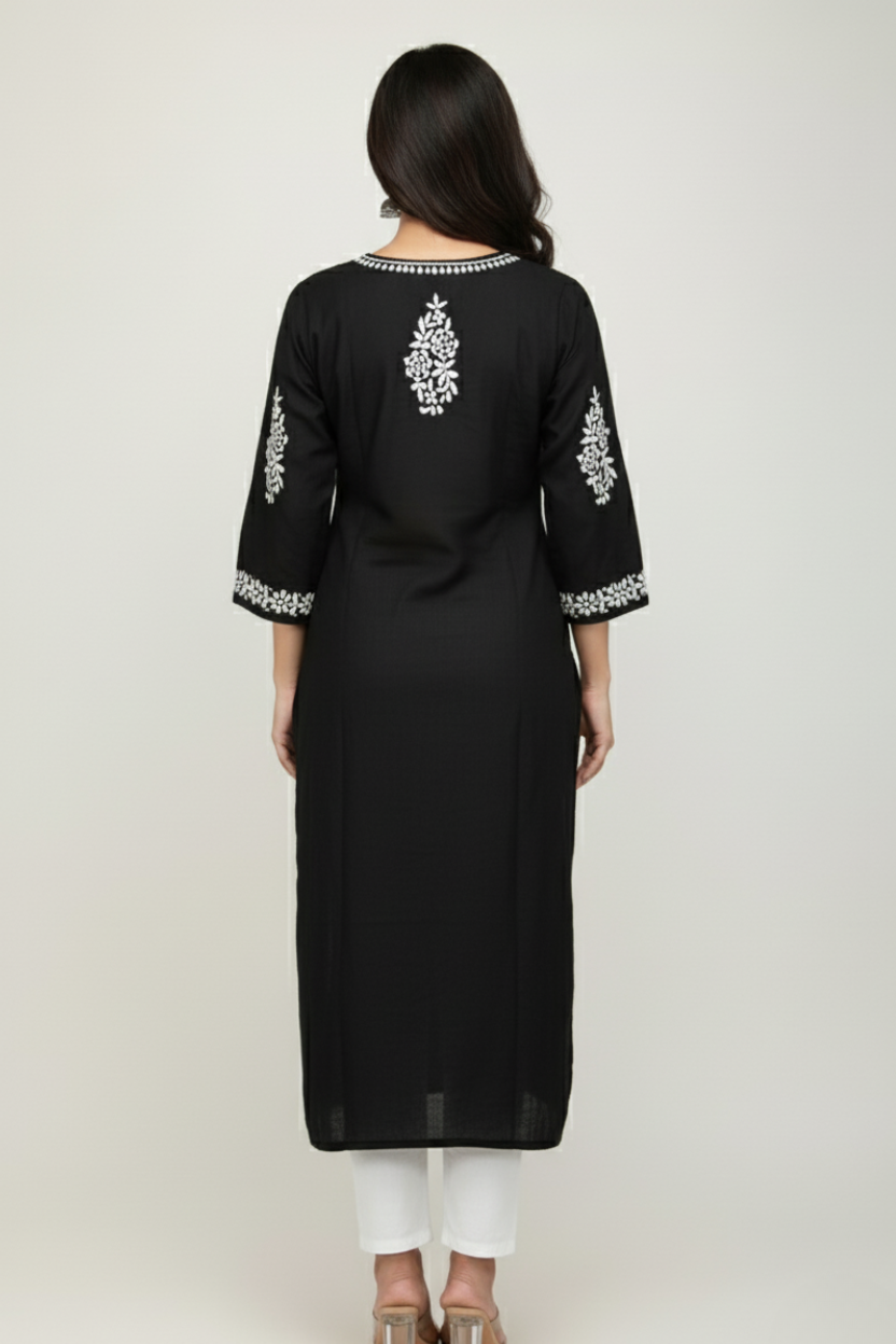 Black Modal Long Chikankari Kurti with White Hand Embroidery