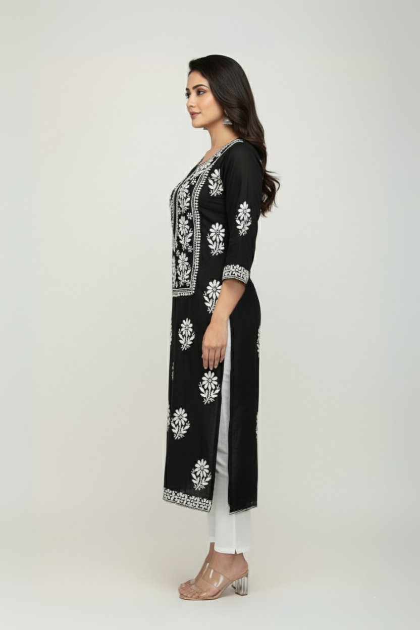 Black Modal Long Chikankari Kurti with White Hand Embroidery
