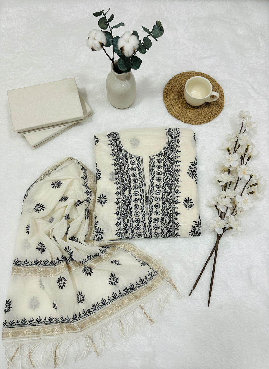 Mul Cotton Black & White Handcrafted Moti Work Suit Set