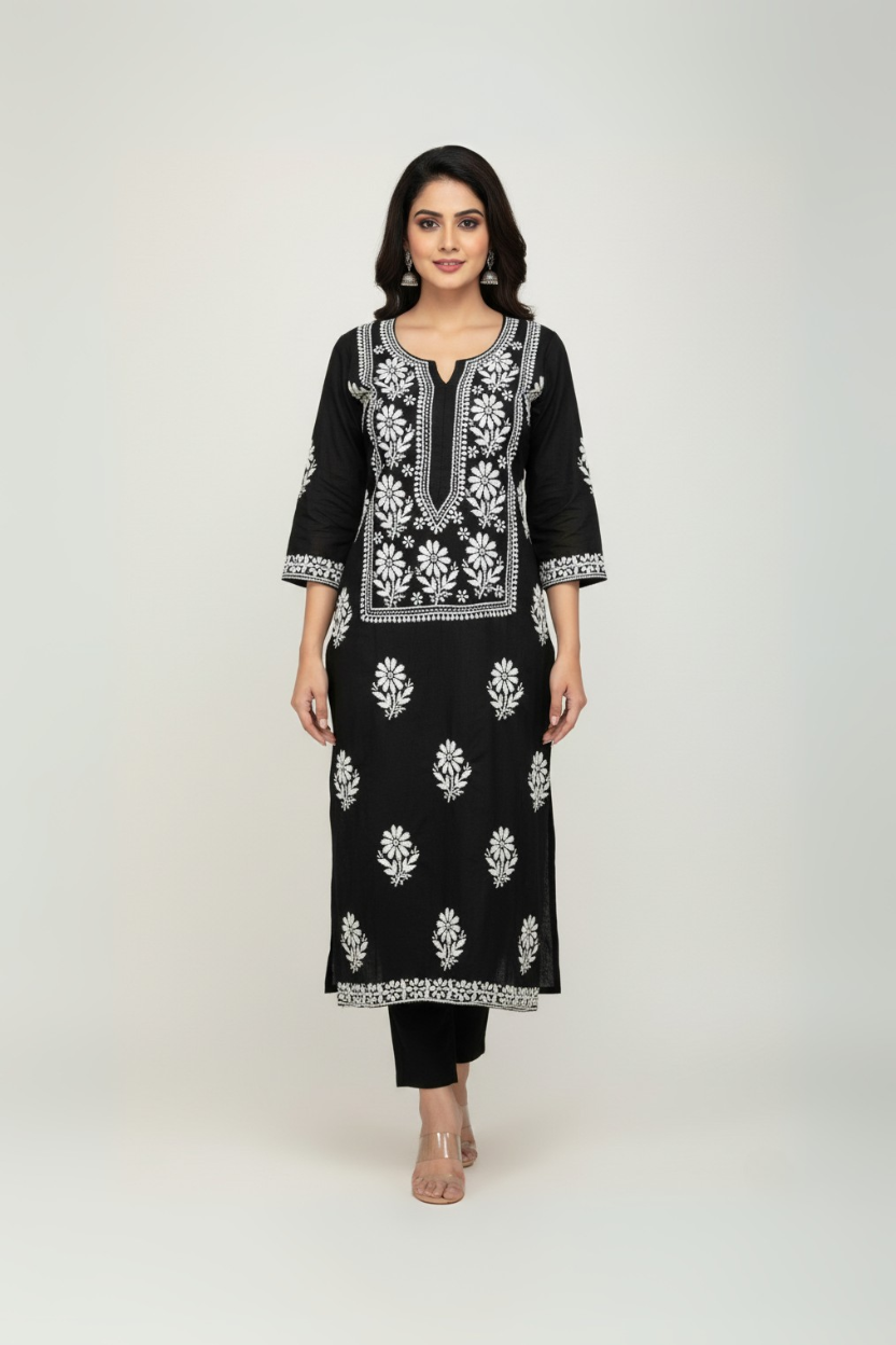Black Modal Long Chikankari Kurti with White Hand Embroidery