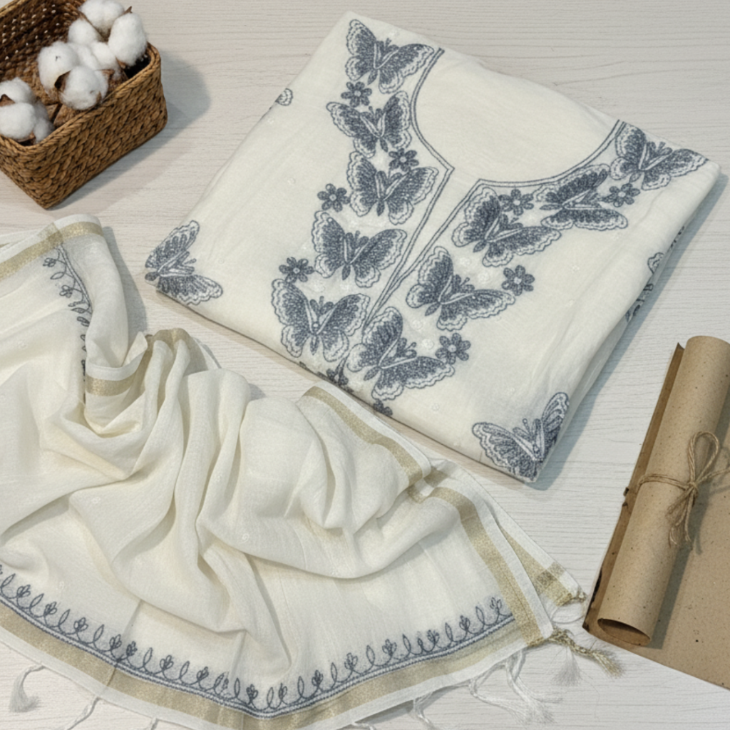 White Mul Cotton Hand-Embroidered Butterfly Suit