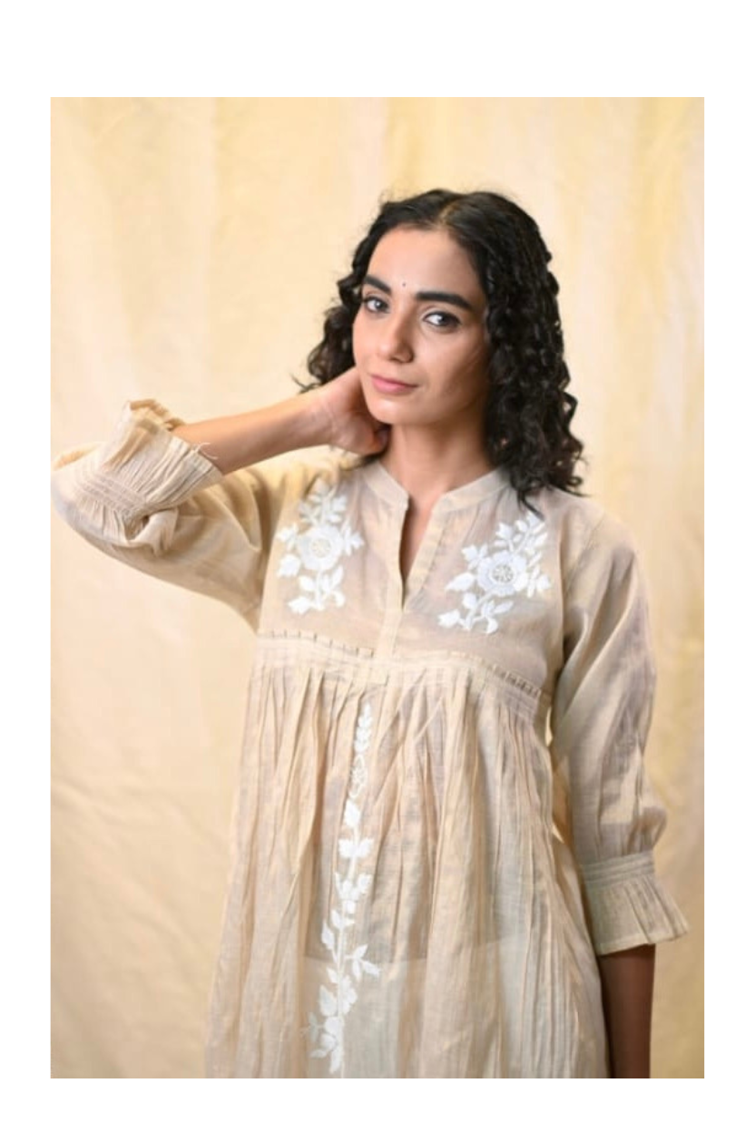 Beige Tissue Chikankari Short Top – Hand Embroidered Lucknowi Elegance