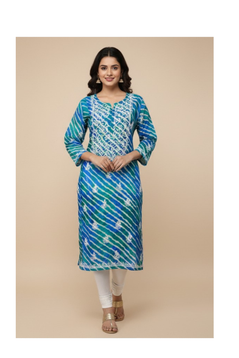 Blue & Green Handcrafted Kota Silk Chikankari Kurti