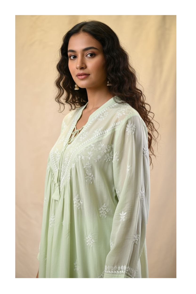 Rose Gold Crepe Silk Chikankari Top with Hand Embroidery