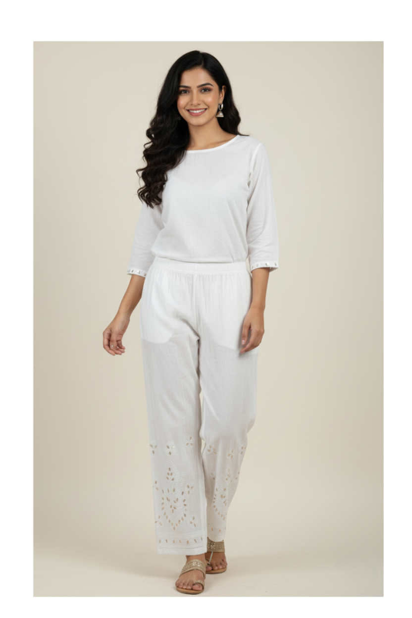 White Cotton Gotta Patti Pants with Hand Embroidery