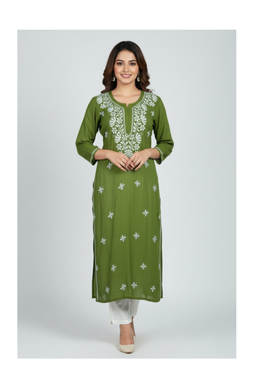Green Rayon Long Chikankari Kurti with White Hand Embroidery