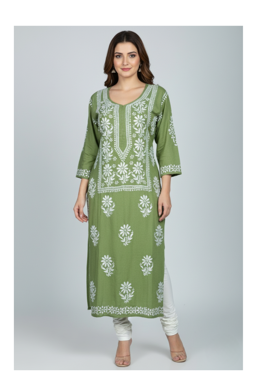 Sage Green Modal Long Chikankari Kurti with White Hand Embroidery
