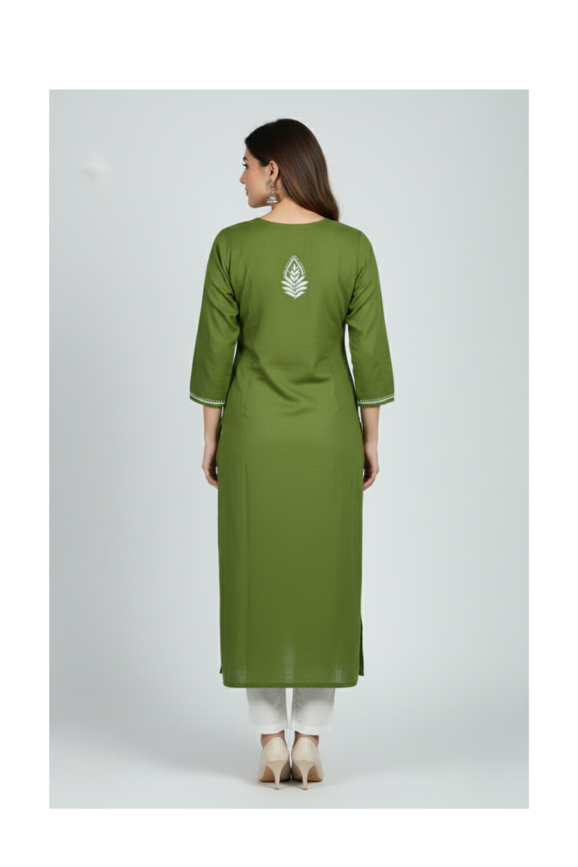 Green Rayon Long Chikankari Kurti with White Hand Embroidery