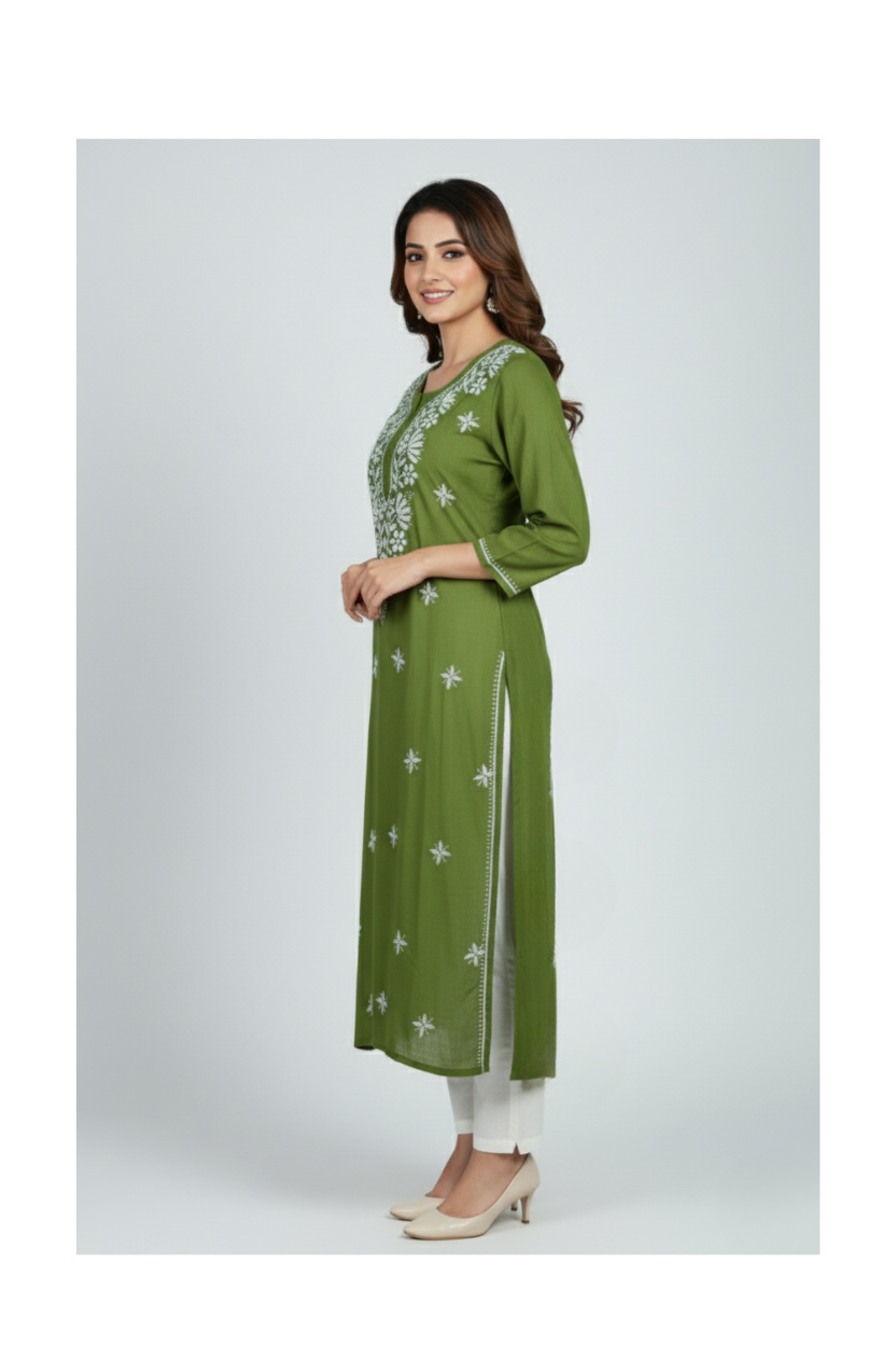 Green Rayon Long Chikankari Kurti with White Hand Embroidery