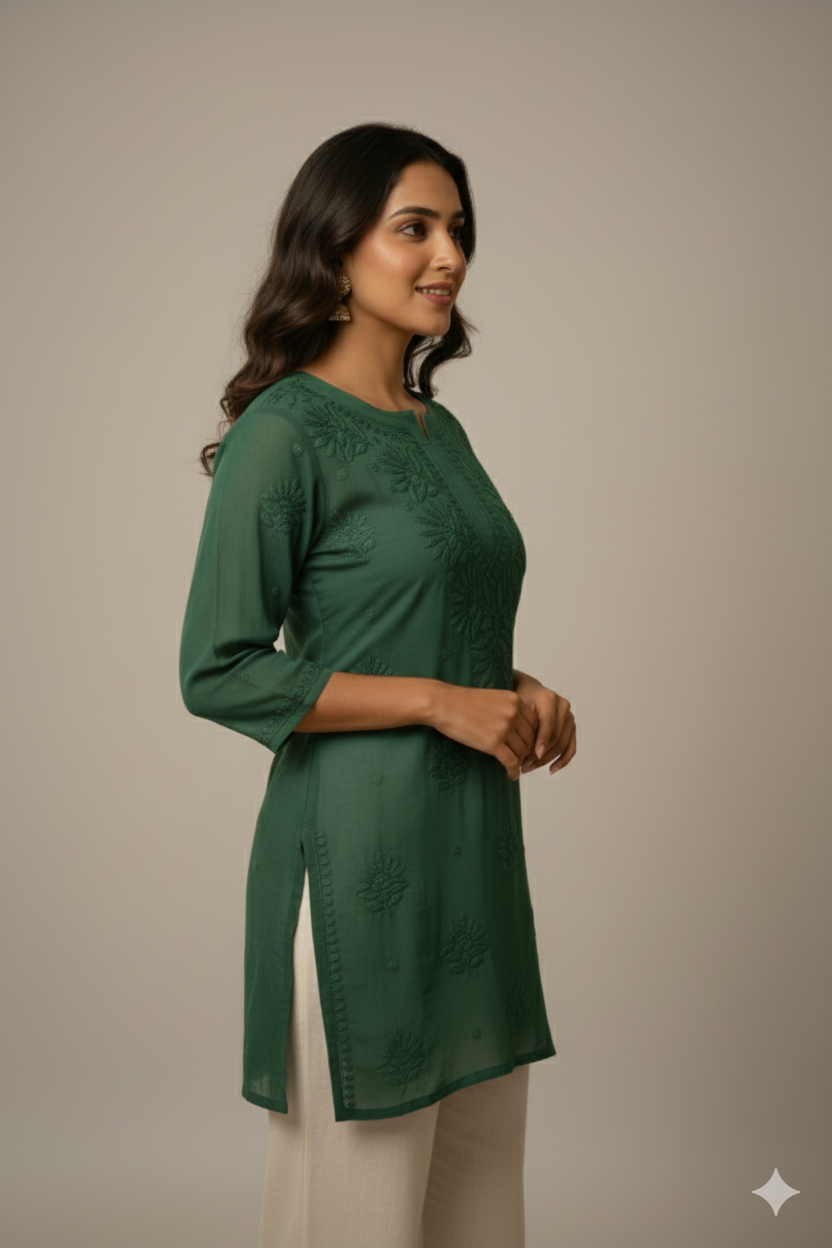 Green Viscose Chikankari Short Kurta – Hand Embroidered Lucknowi Elegance