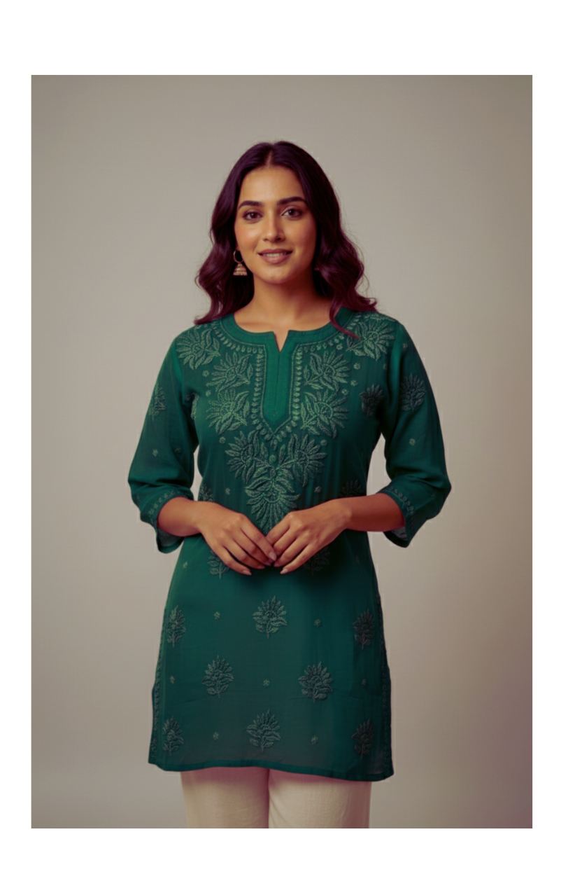 Green Viscose Chikankari Short Kurta – Hand Embroidered Lucknowi Elegance