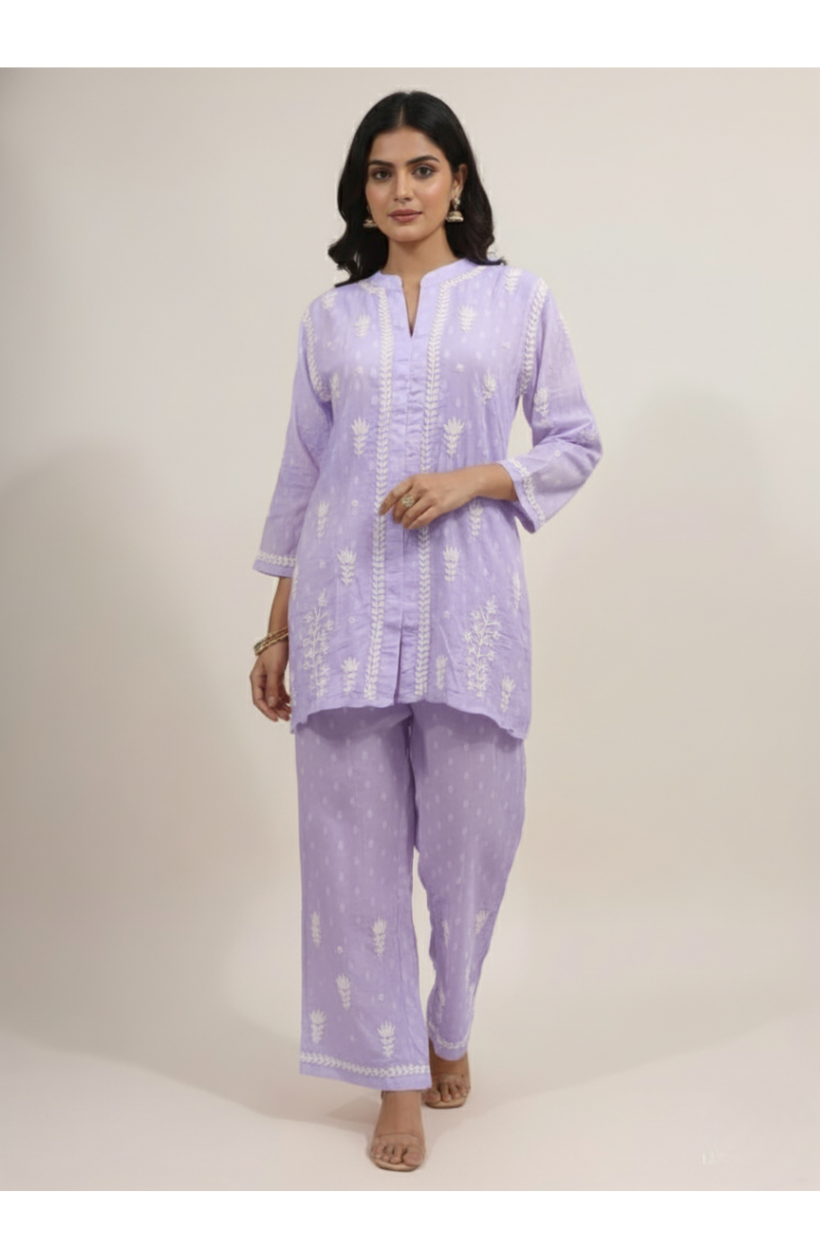 Lavender Cotton Chikankari Co-ord Set