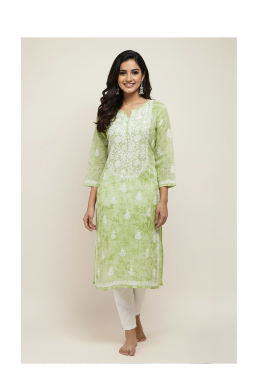 Light Green Kota Silk Hand-Embroidered Chikankari Kurti