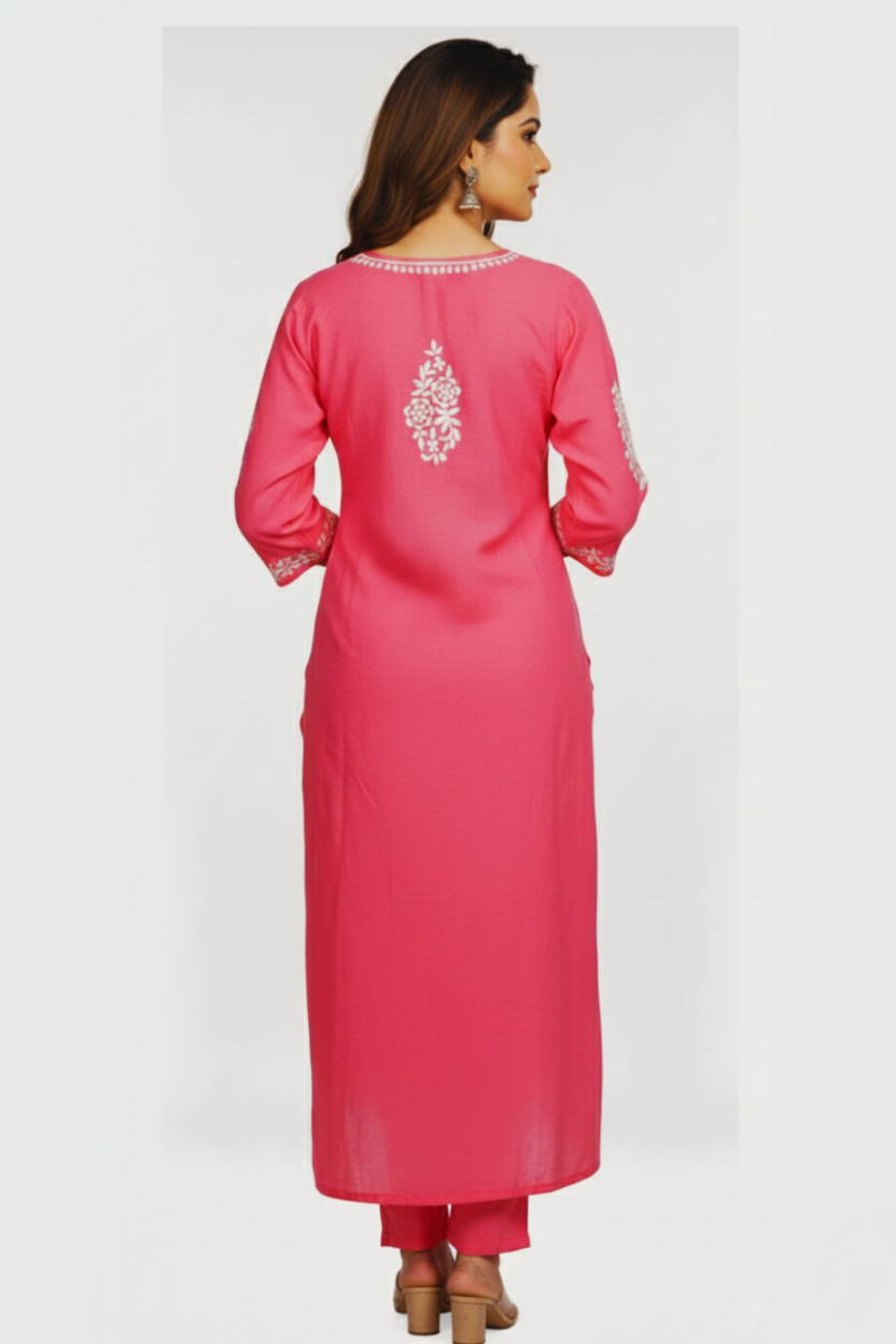 Pink Modal Long Chikankari Kurti with White Hand Embroidery