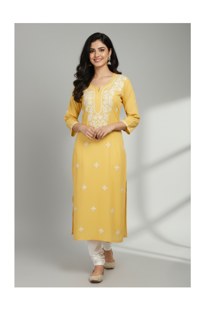 Mustard Yellow Rayon Chikankari Kurti with White Hand Embroidery