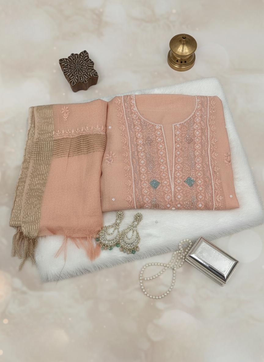 Peach Mul Cotton Moti Cut Daana Hand-Embroidered Suit