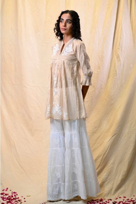 Beige Tissue Chikankari Short Top – Hand Embroidered Lucknowi Elegance