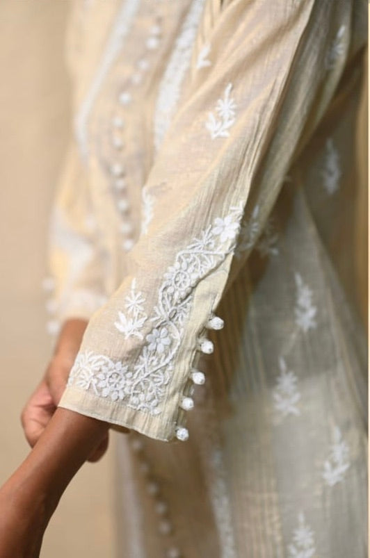 Beige Tissue Chikankari Short Top – Hand Embroidered Lucknowi Elegance