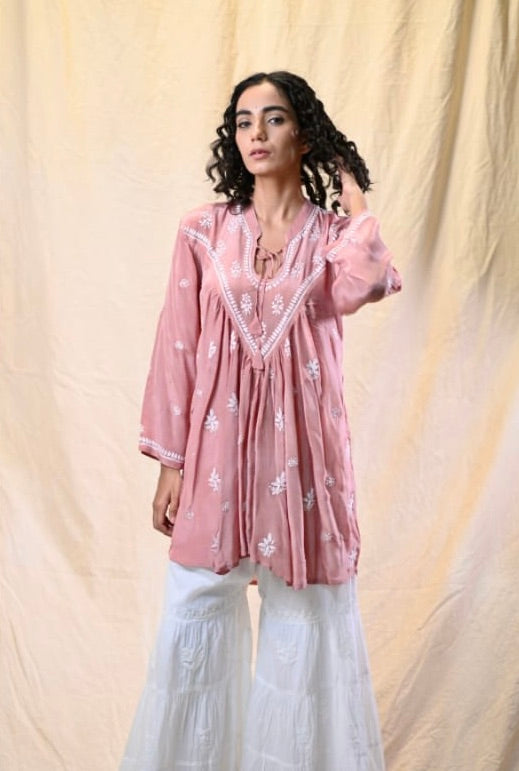 Rose Gold Crepe Silk Chikankari Top with Hand Embroidery