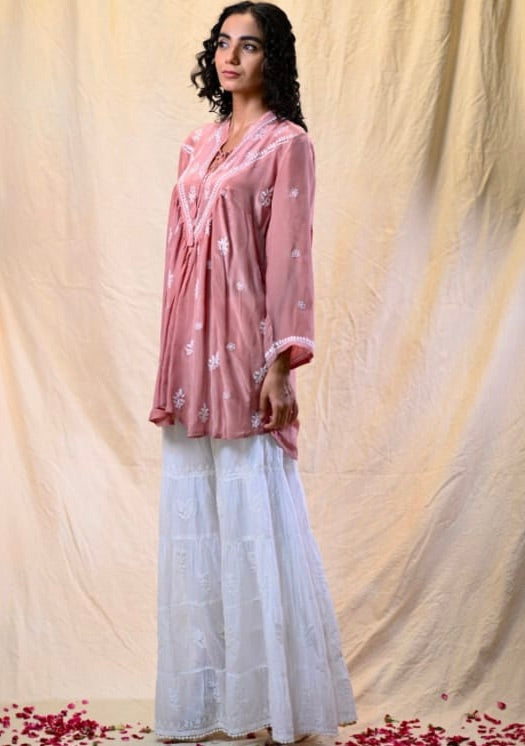 Rose Gold Crepe Silk Chikankari Top with Hand Embroidery