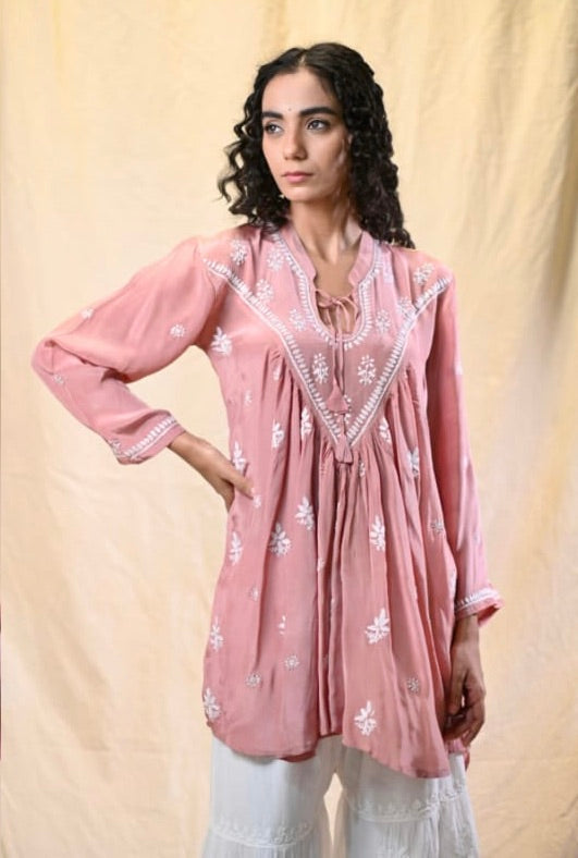 Rose Gold Crepe Silk Chikankari Top with Hand Embroidery