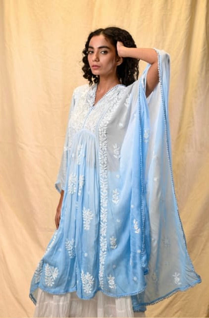 Blue Crepe Chikankari Kaftan – Hand Embroidered Lucknowi Elegance