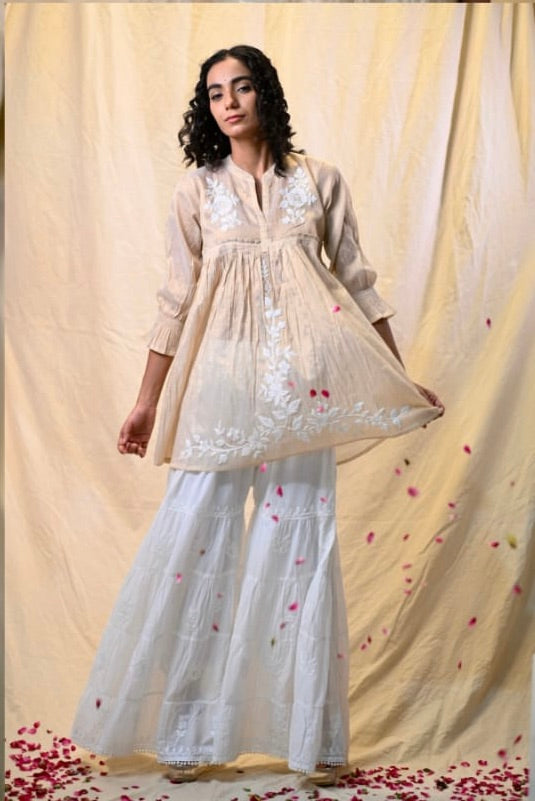Beige Tissue Chikankari Short Top – Hand Embroidered Lucknowi Elegance