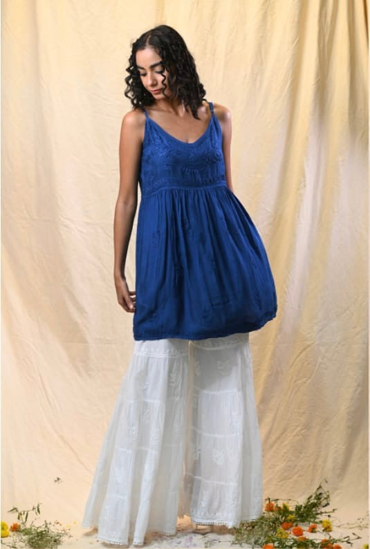 Blue Linen Short Top – Lucknowi Chikankari