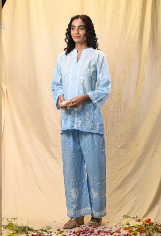 Sky Blue Krishna Boota Co-ord Set – Hand Embroidered Lucknowi Chikankari