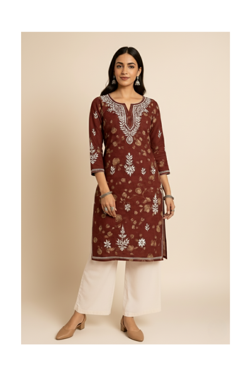 Brown Cotton Printed Lucknowi Chikankari Kurti