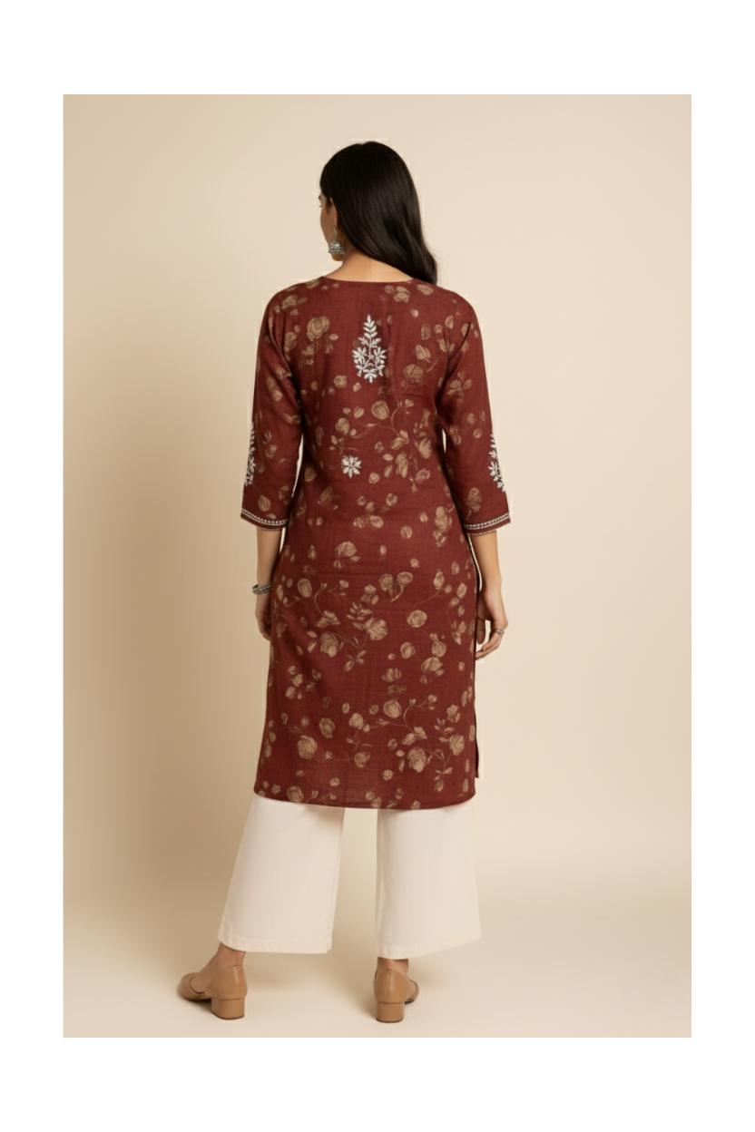 Brown Cotton Printed Lucknowi Chikankari Kurti