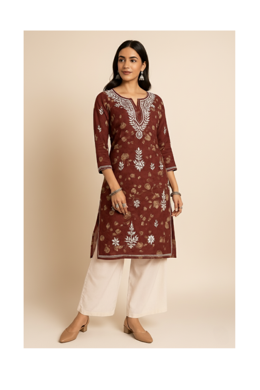 Brown Cotton Printed Lucknowi Chikankari Kurti