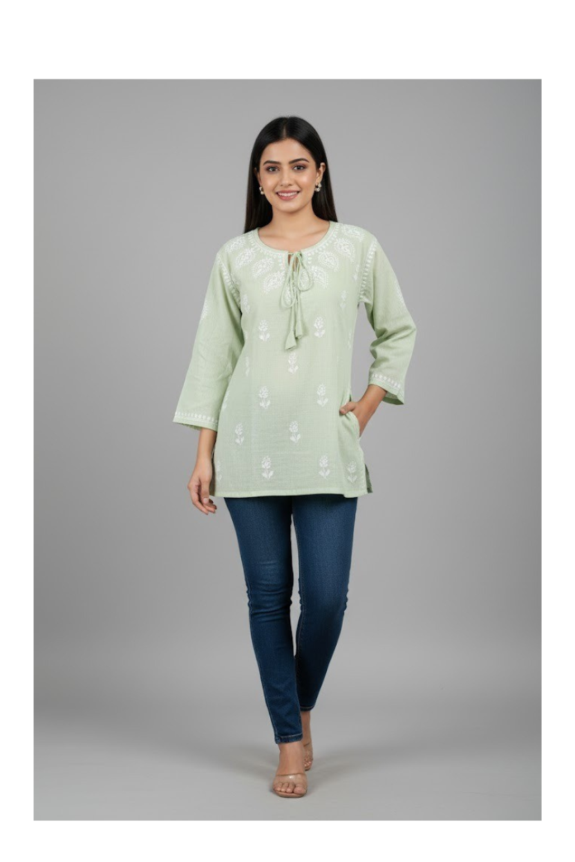 Pastel Sage Green Linen Cotton Chikankari Top