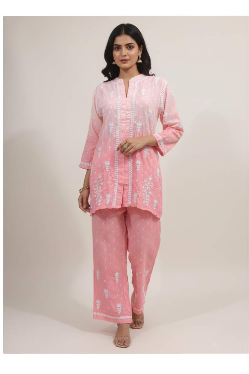 Peach Cotton Chikankari Co-ord Set