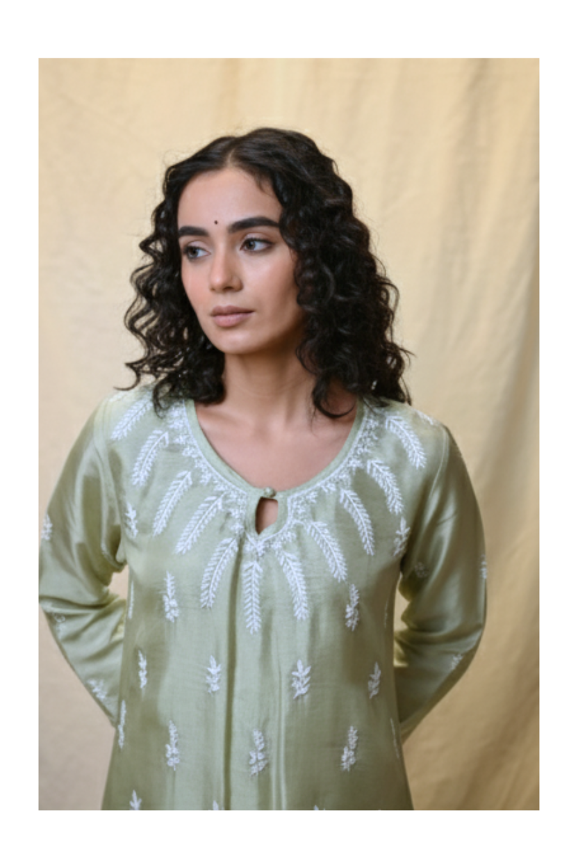 Pista Green Hand-Embroidered Chikankari Silk Kurti
