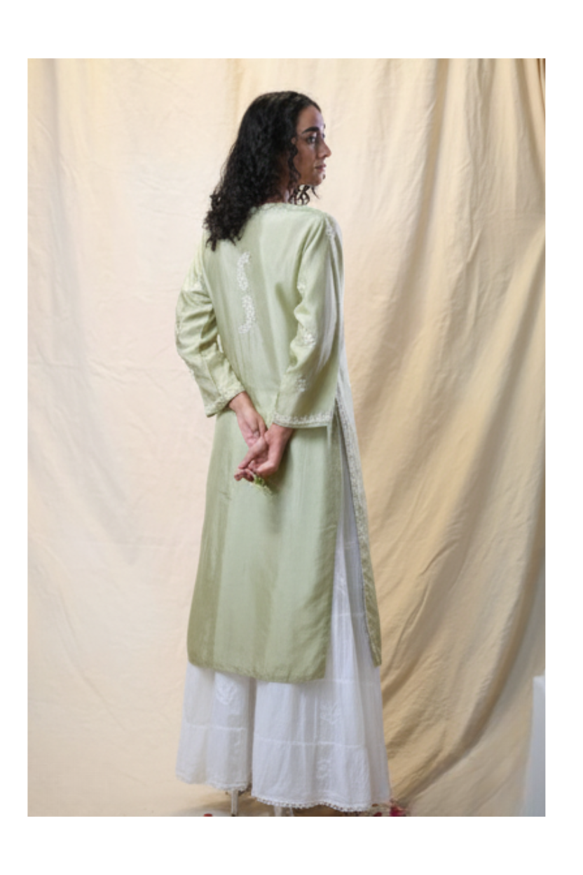 Pista Green Hand-Embroidered Chikankari Silk Kurti