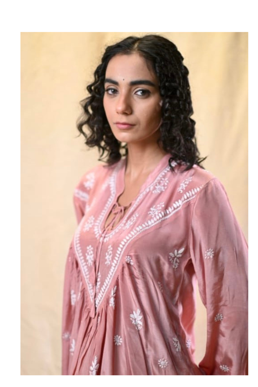 Rose Gold Crepe Silk Chikankari Top with Hand Embroidery