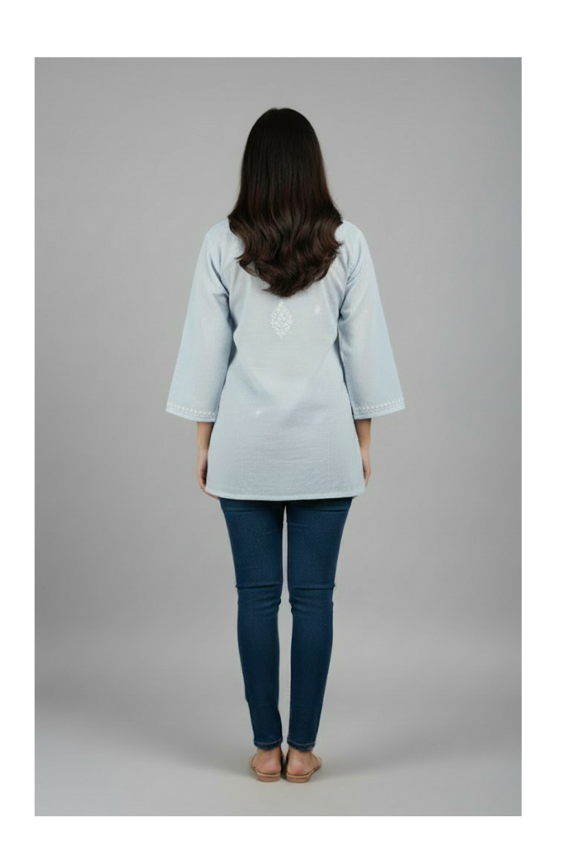 Sky Blue Linen Cotton Chikankari Short Kurti
